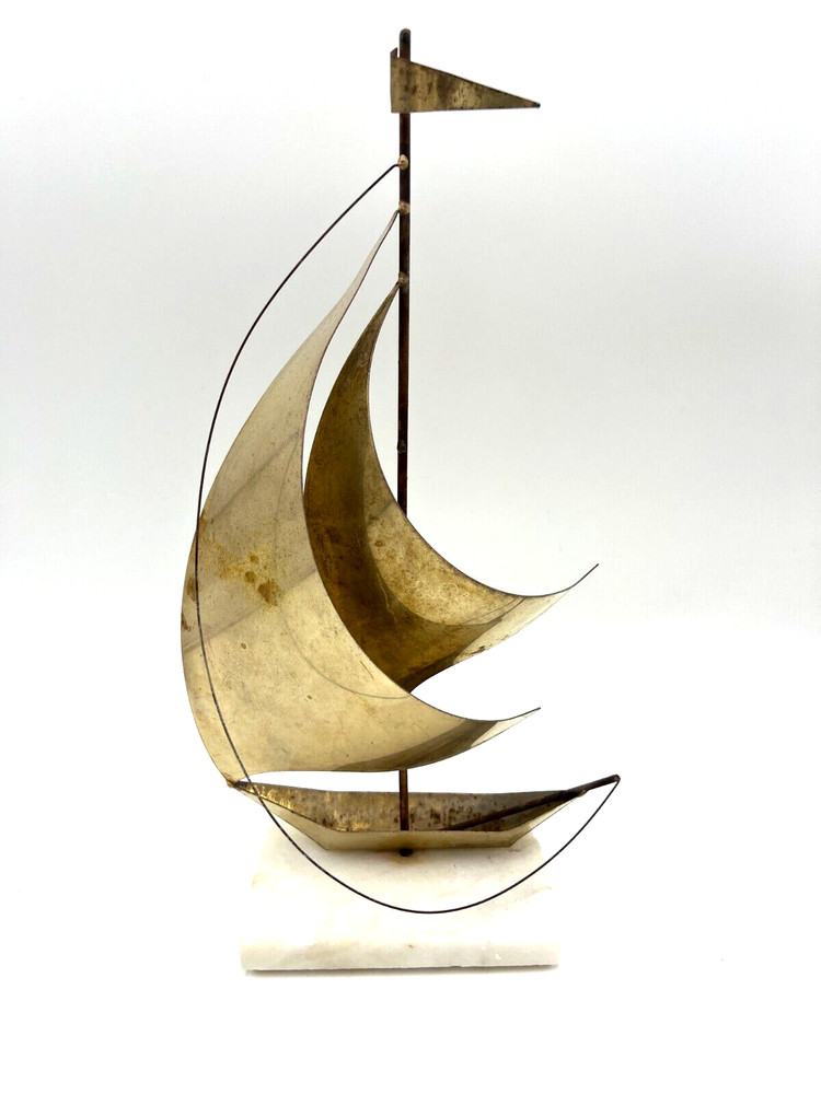 Vintage DeMott MCM Brass Sailboat on White Stone 14″ Tall Nautical Maritime
