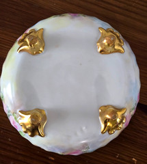 Antique Hand Painted Porcelain Footed Bowl Pink Roses Pierced Rim Gold Gilt