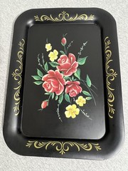 Vintage Black Metal Serving Trays Set of 6 Hand Painted Floral Rose Toleware Art