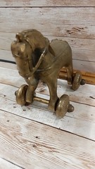 Vintage Heavy Brass Horse Figurine On Rolling Wheels 2.4#