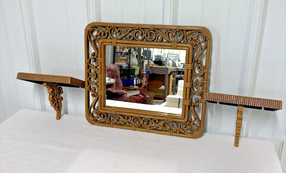 Vintage HOMCO Home Interiors Syroco Faux Wicker & Scroll Mirror Wall & 2 Shelves
