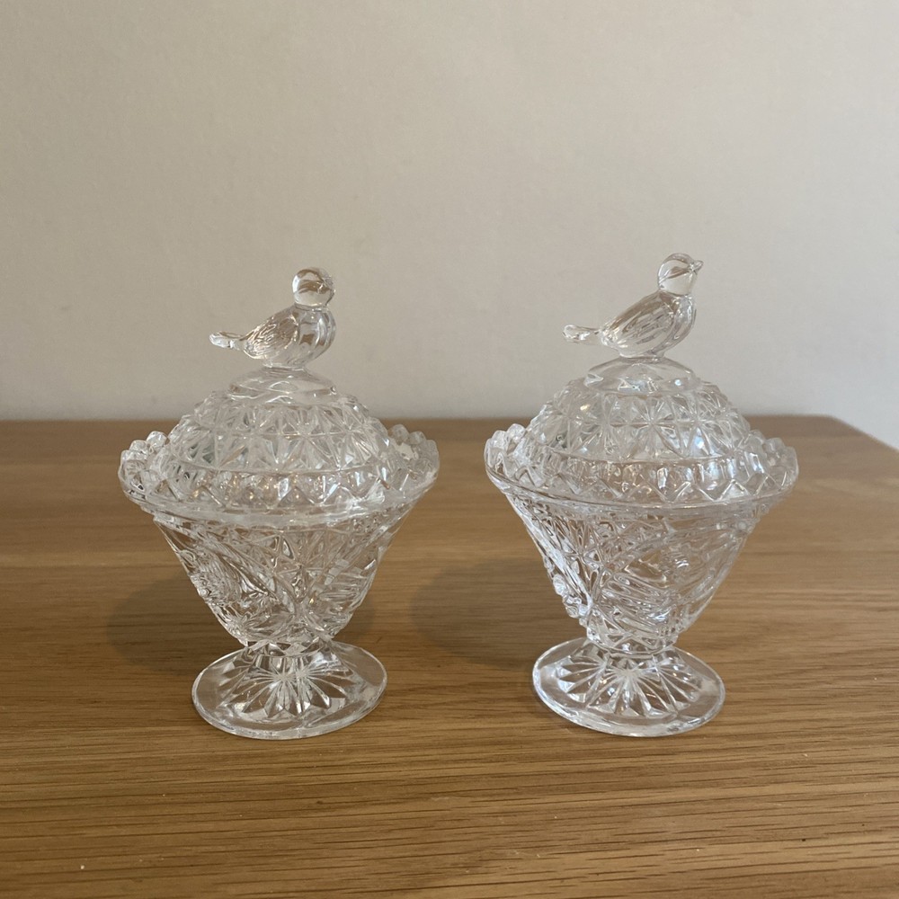 Vtg Hofbauer Byrdes Lead Crystal Glass Jam Trinket Vanity Compote Dish Bird Lid