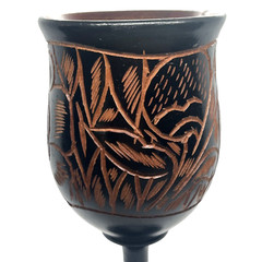 VTG Black Hand Carved Floral Stemmed Wood Goblet 7in