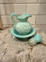 Vintage Avon Jadeite Type Green Swirl Milk Glass Rose Mini Bowl and Pitcher Set