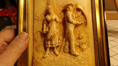 Vintage French Floralix Detailed Relief Framed Wall Decor Man & Woman Farmers
