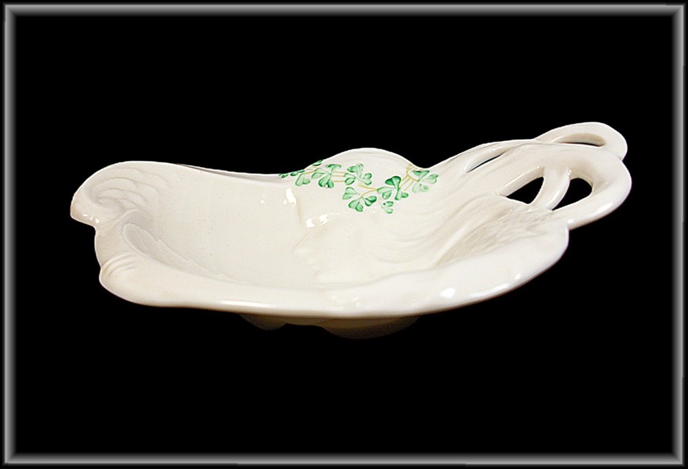 Belleek Parian China Colleen Shamrock Butter Dish Tray Woman Playing Harp