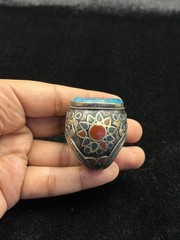 Old Islamic Writing Turquoise Ring Silver Plated Afghanistan Origin Size 9