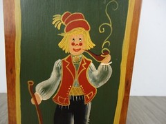 VTG Norwegian Folk Toll Paint Wooden Match Box Wall Pocket Signed 80s Pipe Man