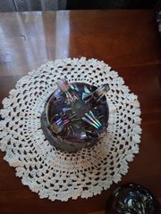 Imperial Glass Louis 14th Lidded Footed Jar Carnival Glass 6.75″ Tall 4.75″ Diam