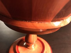 Multi-Colored Segmented Turned Wood Pedestal Bowl with Cut Out Rim Design