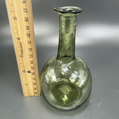 Green Hand Blown Art Glass Vase Bottle With Optic Swirl Hand Made Glassware VTG