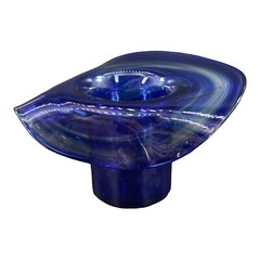 1980s Art Glass Hat Shaped Dish Bowl Clear Cobalt Blue Swirls Folded Edges VTG
