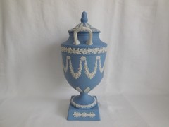 1968 Wedgwood Blue Jasperware Erato & Urania 11.5″ Tall Urn w/ chip underneath