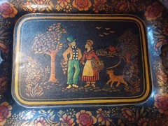 Antique 1800s Tin Metal Toleware Hand Painted Tray Courtship Man Woman Folk Art