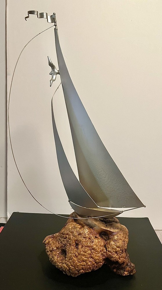DEMOTT signed Tall Silver Metal Sail Boat Sculpture on Driftwood Base Vintage