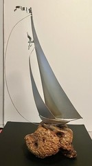 DEMOTT signed Tall Silver Metal Sail Boat Sculpture on Driftwood Base Vintage
