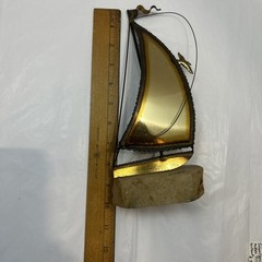 DeMott Brass Sailboat Sculpture Quartz Stone Base Signed MCM Brutalist 9 1/2”
