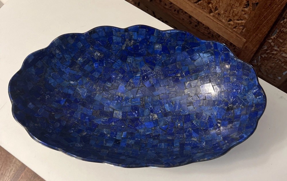 Jay King Lapis Inlay Scalloped Edge Mosaic Bowl 12x7x3 Stainless Steel
