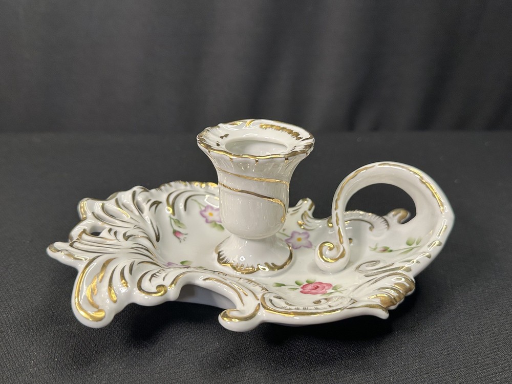 Exquisite Vintage Handled Candlestick Holder Heavy Gilt Trim Reticulated China