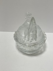 Vintage Hen on a Nest Covered Candy Dish Clear Glass Woven Basket Heavy 8” x 7”