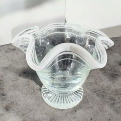 Vintage Glass Dish Bowl Clear White Ruffles Scroll Footed Base Candy Dish VTG