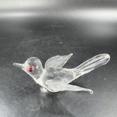 Hand Blown Art Glass Clear Bird Figurine Delicate With Red Orange Eyes Hand Made