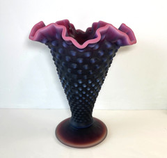 RARE Signed Fenton Deep Plum Satin Finish Hobnail 8″ Trumpet Vase