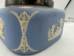 Rare Wedgwood Blue Jasperware Biscuit Barrel Square Metal Lid England 5 3/4” Sq