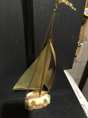 DEMOTT Signed Brass Sailboat On Onyx Base Sculpture Mid Century Modern 15” Tall