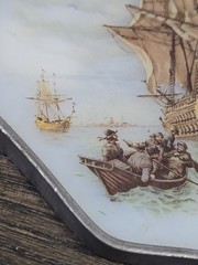 Antique 1910 Reverse-Paint Glass Galleon Ship Scene Edwardian Wall Decor Plaque