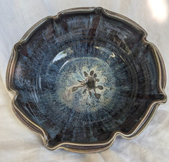 Original Jason Parsley Pottery Bowl, Blue Glaze over Red w/ Scalloped Double Rim