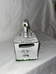 Vintage Hand Painted Portugal Ceramic Iron w/ Chicken Farmhouse Deco Figurine