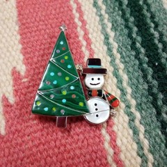 Zuni Inlay Christmas Tree Snowman Brooch Native Jewelry Used