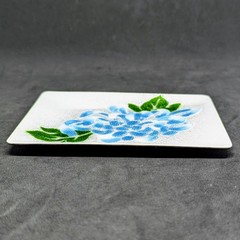 Vintage Mid-Century Modern Enamel On Copper Dish Trinket Peony Flower Floral Blu