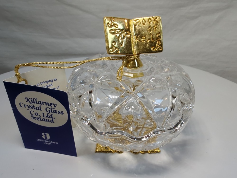 Killarney Book Of Kells Ireland 24% Crystal 24K Gold Trinket Dish Gold Base Tag