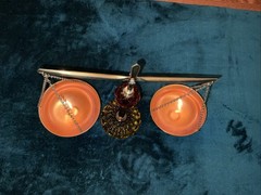 VINTAGE AMBER GLASS COPPER & BRASS ” SCALES OF JUSTICE” MID CENTURY RETRO