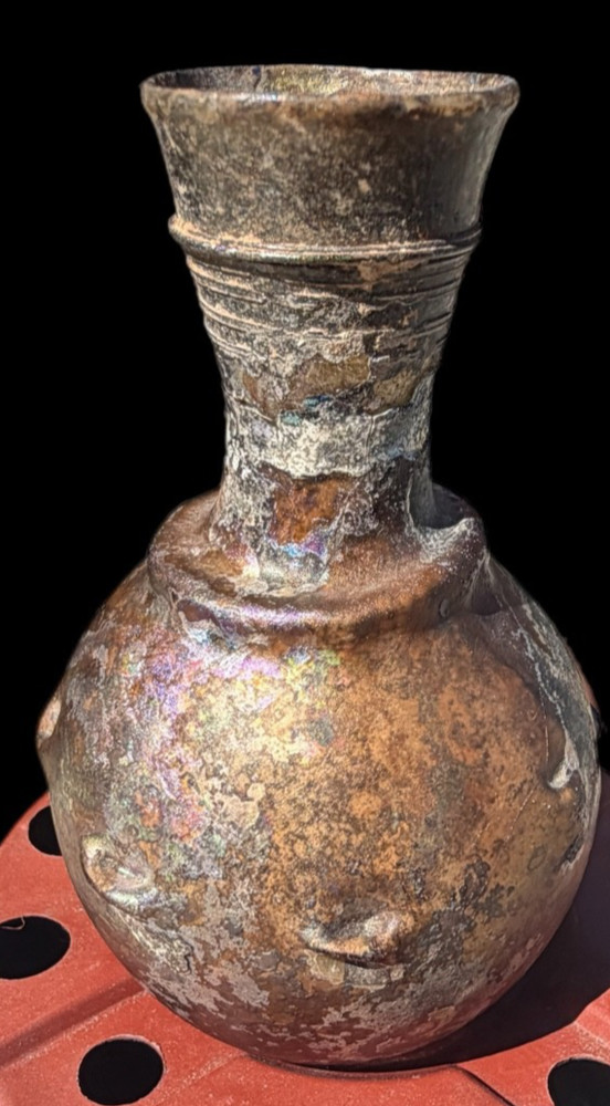 Authentic Ancient Roman Iridescent Ribbed Glass Vessel – Purple Iridescence