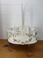 Vintage Tole Style Rose Basket Metal Shabby Chic Cottage Decor
