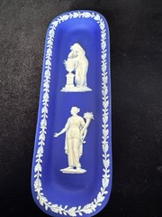 Wedgwood Pre 1891 Antique Blue Jasperware Trinket Pin Oblong Dish 8.5”