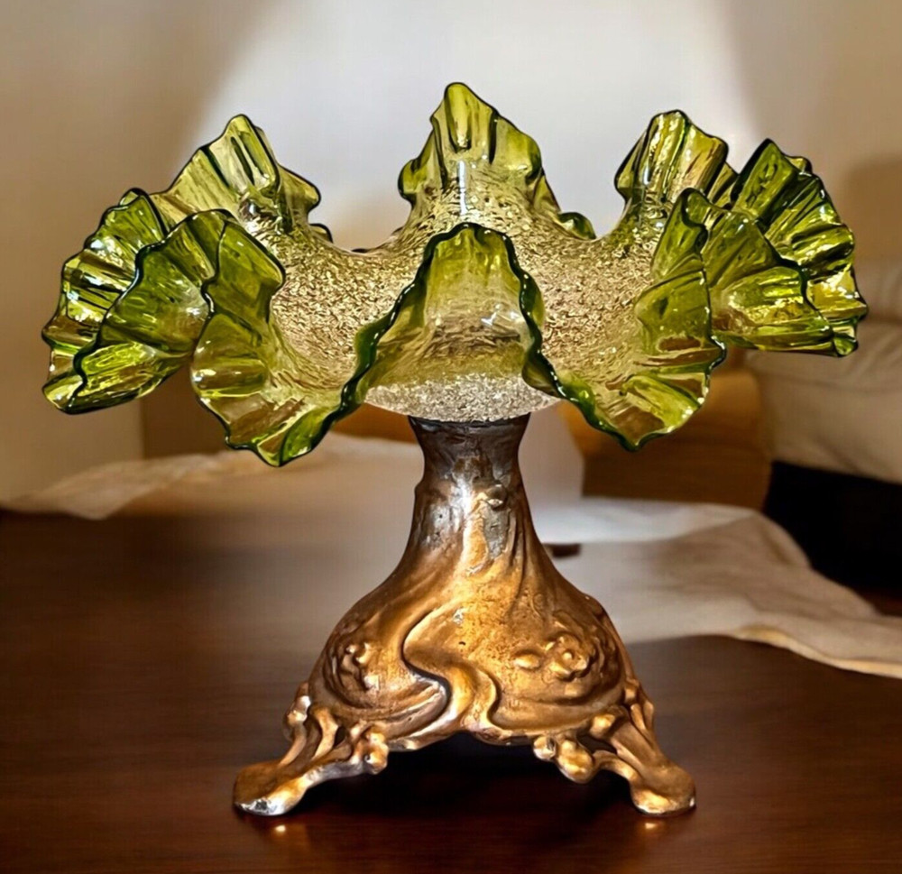 RARE Antique 1860 Craquelle Overshot Art Nouveau Green Bowl On Metal Base