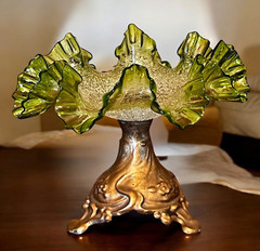 RARE Antique 1860 Craquelle Overshot Art Nouveau Green Bowl On Metal Base