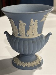 Vintage Wedgwood Blue Jasperware Vase Mini Urn White Classical Relief Decoration