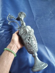 Large Victorian Italian PELTRATO 90% Pewter Art Nouveau Cherub Goat Ewer 15″