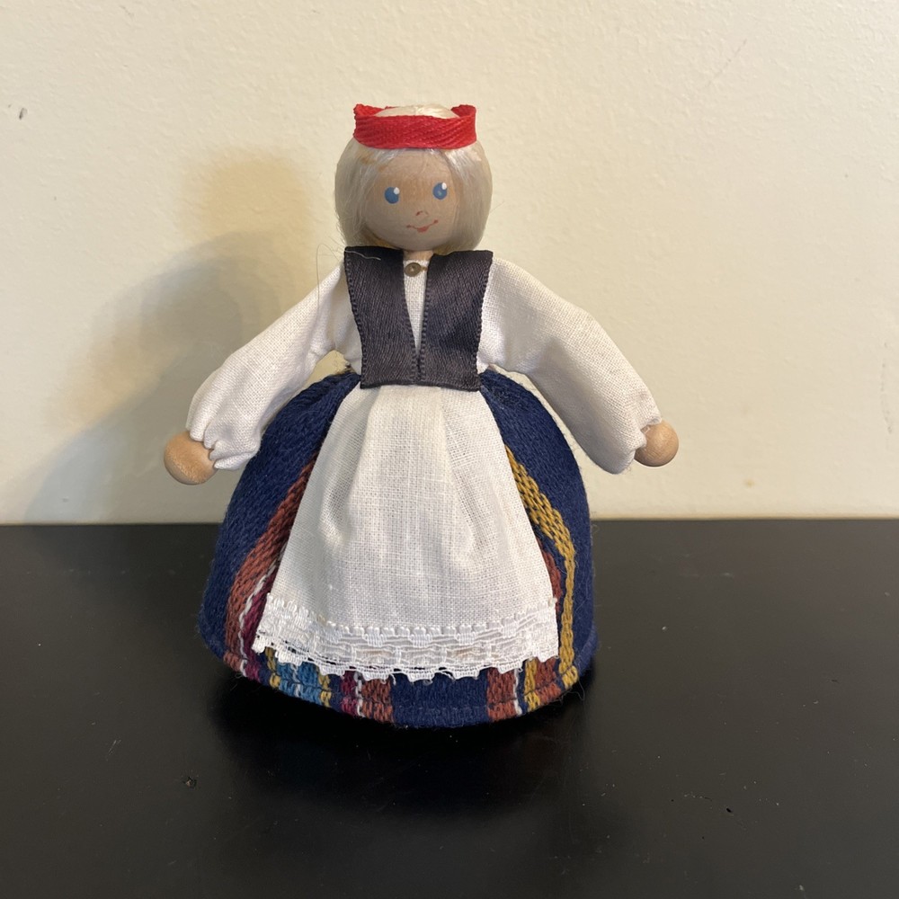 Vintage Estonia Scandinavian Norwegian Holland Norway Wood Doll On Wood Stand