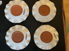 (4pc) Rare Mackenzie Childs Parchment Check Ceramic Fluted Saucers W/ Gold Dots