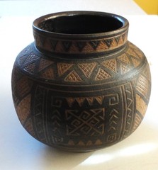 1997 Deborah Tinsman Handmade Pottery Vase Carved Brown Geometric Native Design