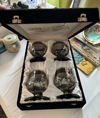 Hand Blown Egyptian Art Glass Brandy Snifters Platinum Etched Set of 4