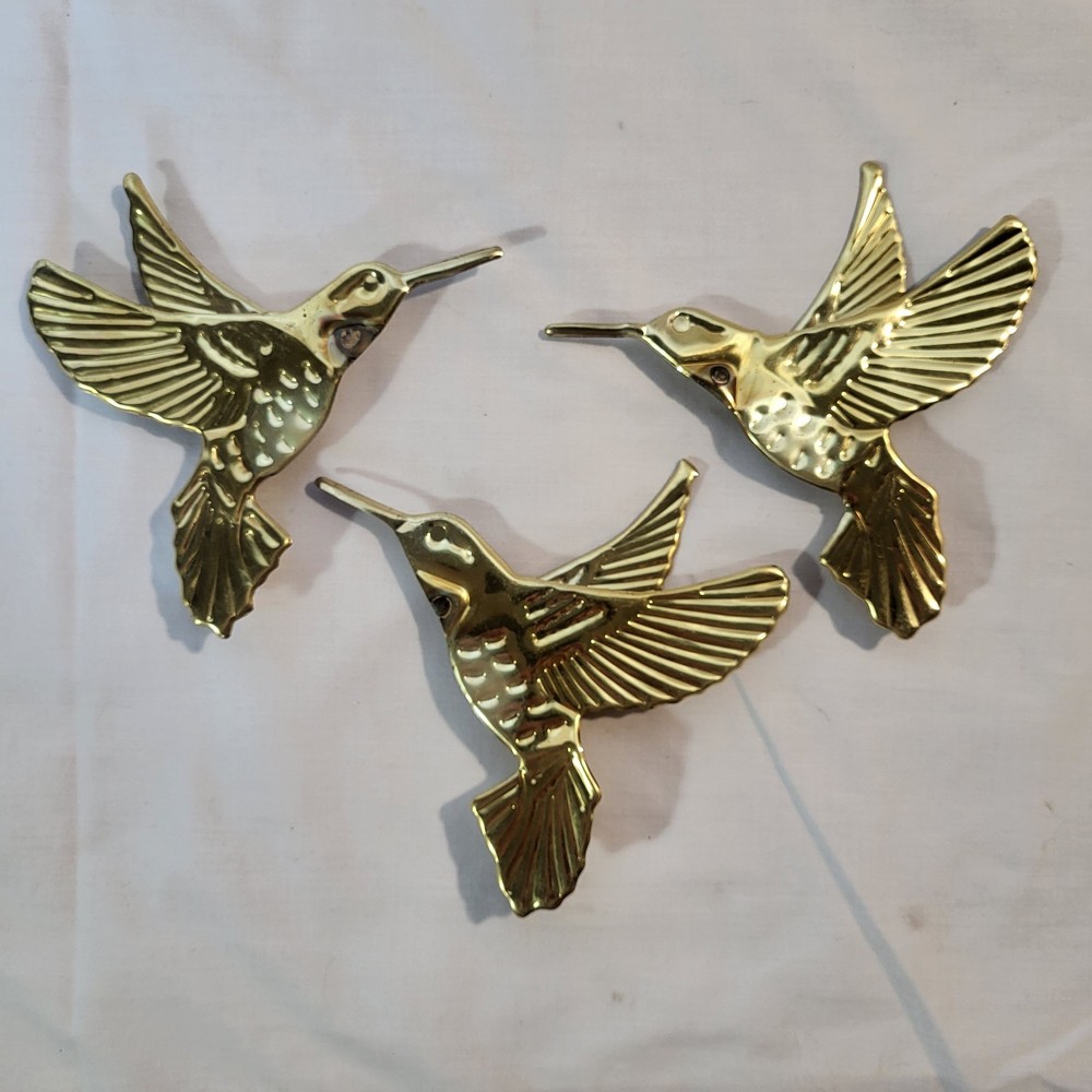 3 Vintage Brass Hummingbirds Home Interior Wall Hanging Art Decor Nature Birds