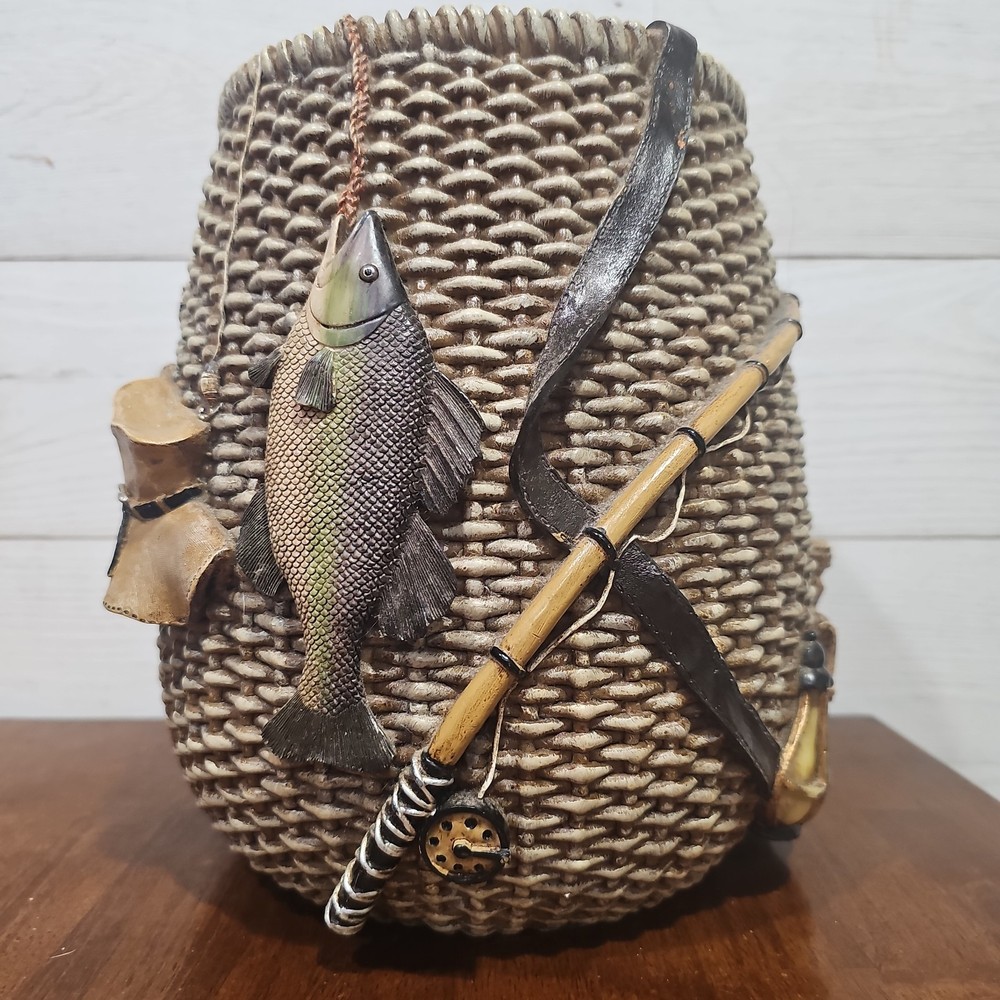 Vintage Fishing Wastebasket 3D Bass Fish Pole Resin Cabin Lodge Decor Trash Can