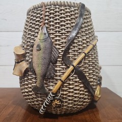 Vintage Fishing Wastebasket 3D Bass Fish Pole Resin Cabin Lodge Decor Trash Can
